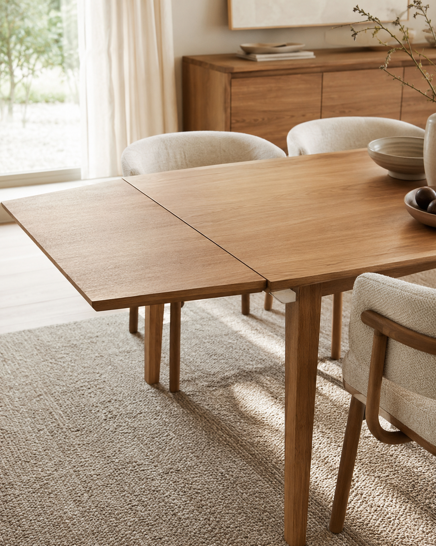 Extendable dining table shown with extension leaf